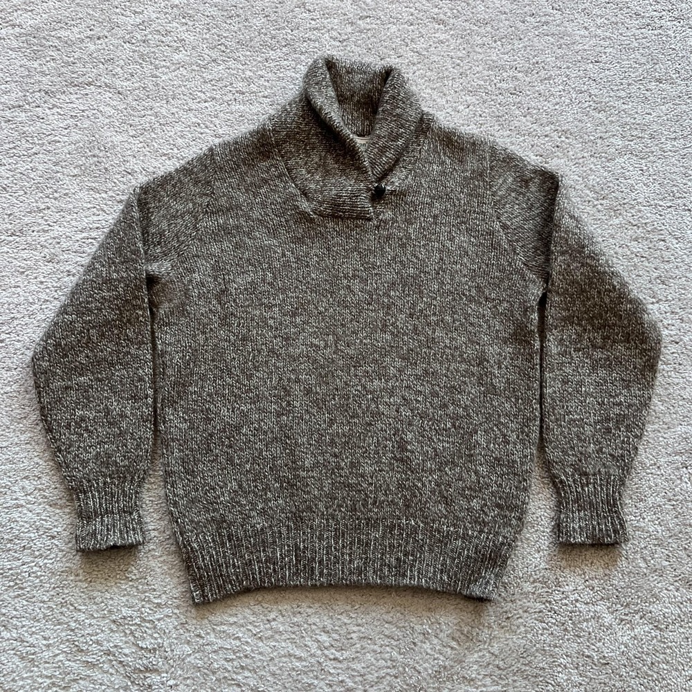 Vintage LL Bean Shawl Collar Sweater Wool Blend Womens L Brown USA Chunky Knit